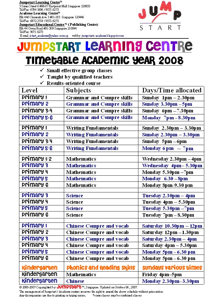 Jumpstart Learning Centre Academic Timetable 2008 (PRIMARY)