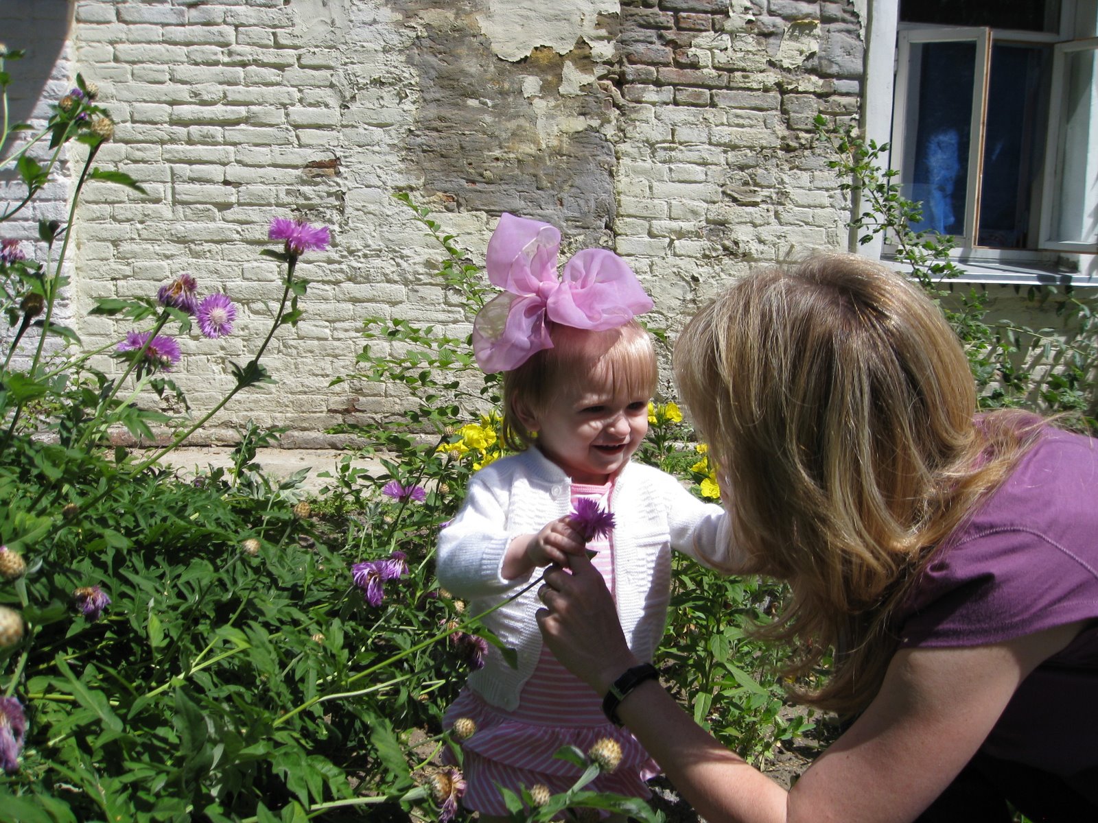 Teaching her to smell the flowers....not destroy them.