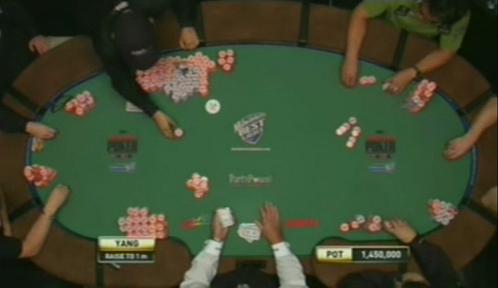 An overhead shot showing Yang's massive chip lead at the 2007 WSOP Final Table