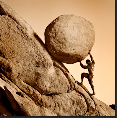 Sisyphus rolling boulder up hill