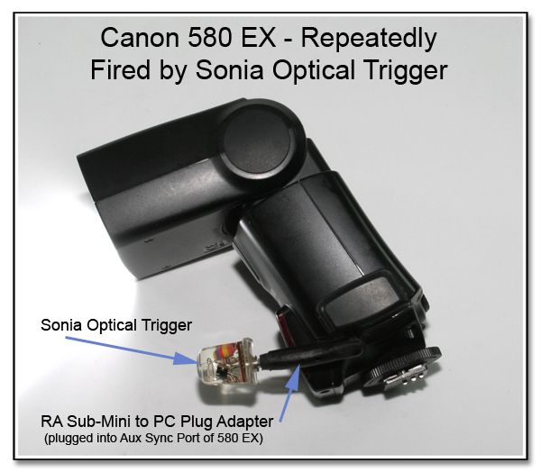 CP1054: Canon 580 EX - Repeatedly Fired by Sonia Optical Trigger as a Direct Connect through the Aux Sync Jack Using the RA Sub-Mini to PC Plug Adapter