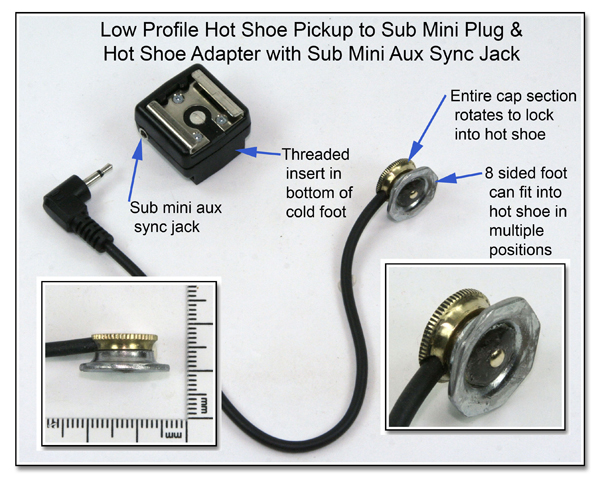 HS1010 (CP1077): Low Profile Hot Shoe Pickup to Sub-Mini Plug and Hot Shoe Adapter with Sub-Mini Aux Sync Jack