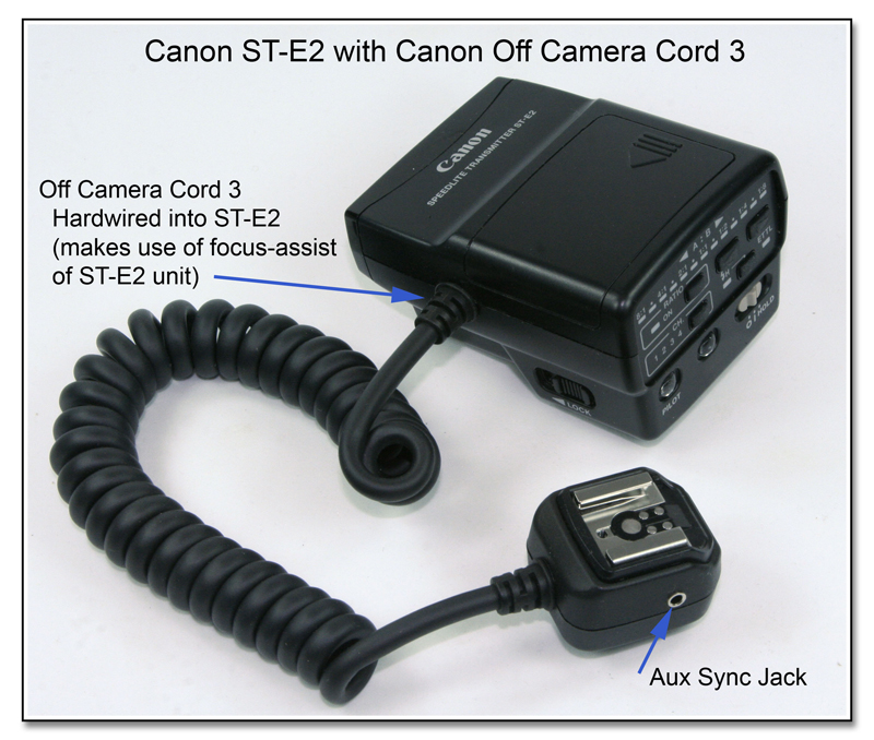 Canon ST-E2 with Canon Off Camera Cord 3 and Aux Sync Jack in Flash End