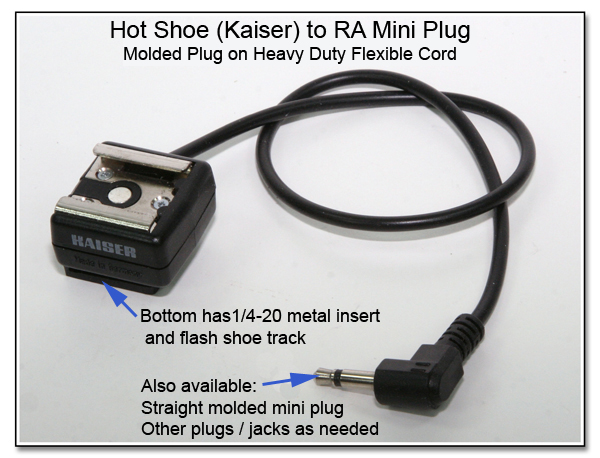 HS1001: Hot shoe adapter with attached molded right angle mini plug on heavy duty flexible cord