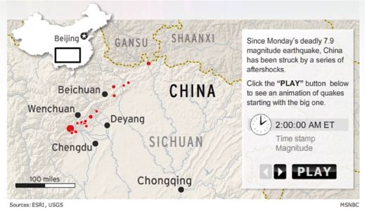 MSNBC Flash presentation showing aftershocks to massive earthquake in China