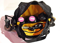 a bag with camera and other objects inside