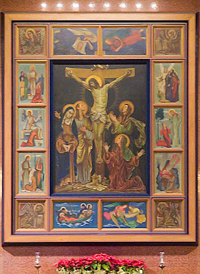 Saint Mary Magdalen Roman Catholic Church, in Brentwood, Missouri - altar crucifixion painting