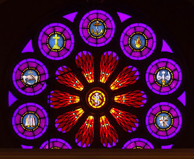 Saint Paul Roman Catholic Church, in Saint Paul, Missouri, USA -  Rose window above choir loft