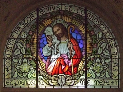 Saint Vincent de Paul Roman Catholic Church, in Dutzow, Missouri, USA - stained glass window of the Good Shepherd