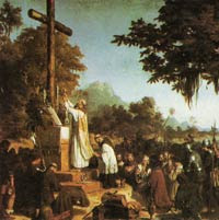 misioneros celebrando la misa con indígenas