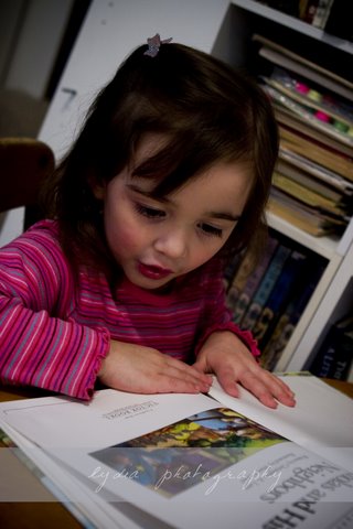 Little girl looking at a picture in a book at lifestyle kid portraits in Grass Valley, California