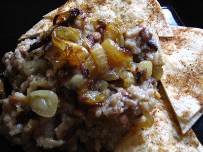 Brown Lentils and Rice with Roasted Onions and Spicy Baked Tortilla Chips