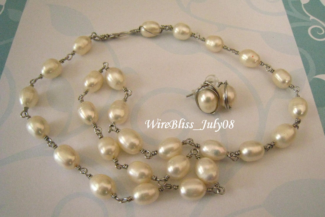 Wire Wrapped Pearl Necklace and Stud Earrings