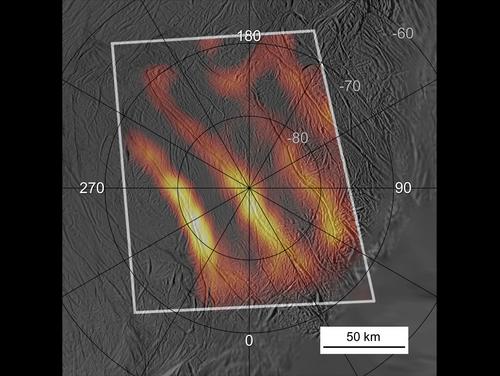 mapa de calor del polo sur de Encélado