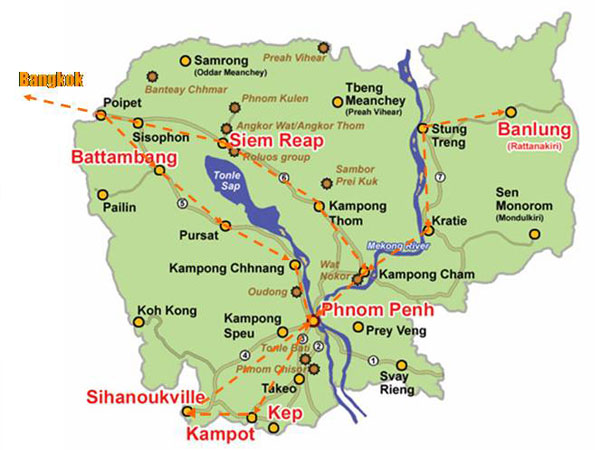 Rejse rute i Cambodia