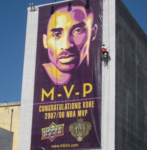 Kobe Bryant MVP Billboard hung on the side of the Henry Fonda Theater at the intersection of Hollywood and Vine in Los Angeles