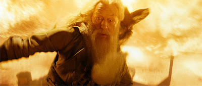 In the heat of battle: Dumbledore (Michael Gambon) and Harry have gone on a perilous journey into a cave filled with dark magic and are attacked by Inferi, reanimated and haunted dead people. Dumbledore creates a firestorm to fend off the dangerous spooky creatures. 