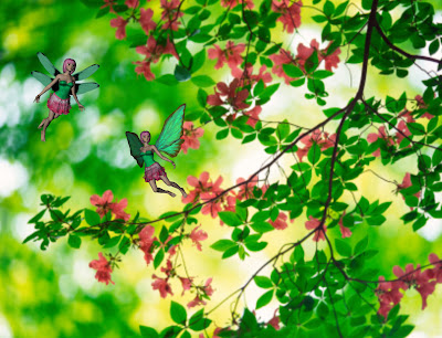 Pink and green flower fairies in mountain azalea