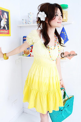 فساتين بناتية Colour+tone+cotton+dress+(CO2577)+Free+Size(Chest80-84CM+Long88CM)+Yellow+%2425