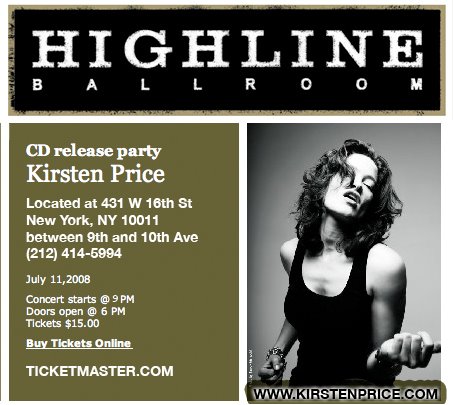 Kirsten Price's CD Release Party is at Highline Ballroom on July 11th