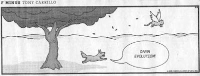 F Minus strip showing a dog chasing a cat with wings. The dog is saying Damn evolution!
