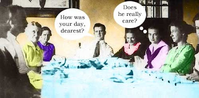 Hand-tinted black and white photograph of a family sitting down to dinner