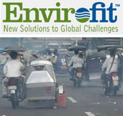 Envirofit logo over photo of a scooter spewing exhaust