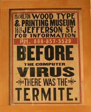 Poster promoting the museum reading Before the computer virus there as the termite