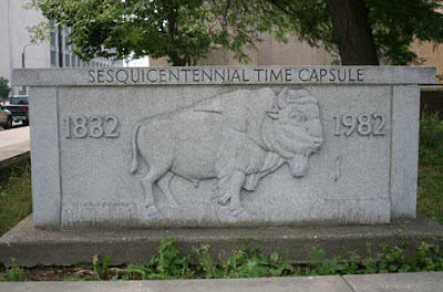 Granite bas relief buffalo on a time capsule commemorating Buffalo's sesquicentennial, 1982