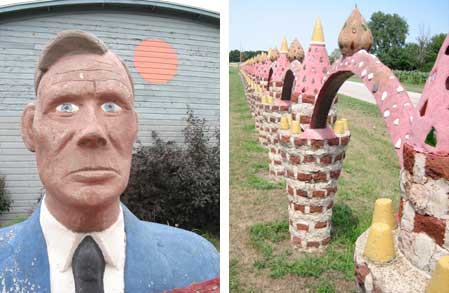 Concrete bust of a man in a blue suit, expressionless, and arch sculpture fading to the vanishing point