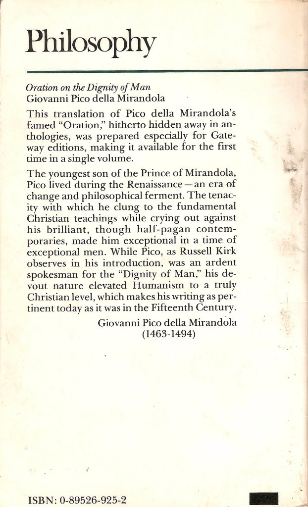 Oration on the Dignity of Man - Back Cover