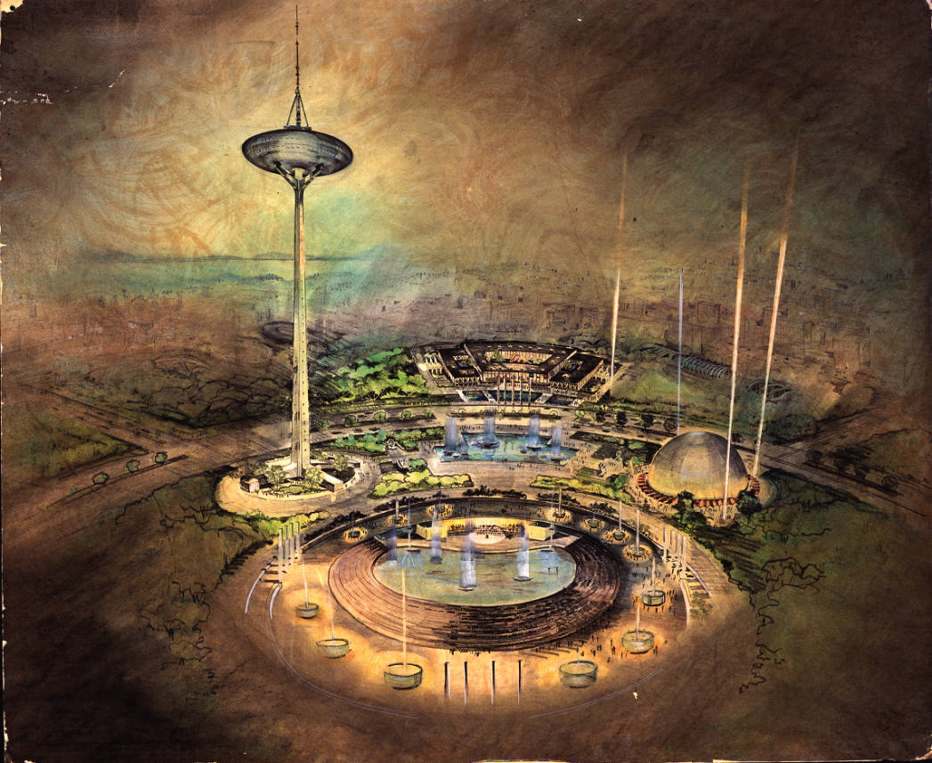 Century 21 exposition - proposed design for the Space Needle and grounds, rendering