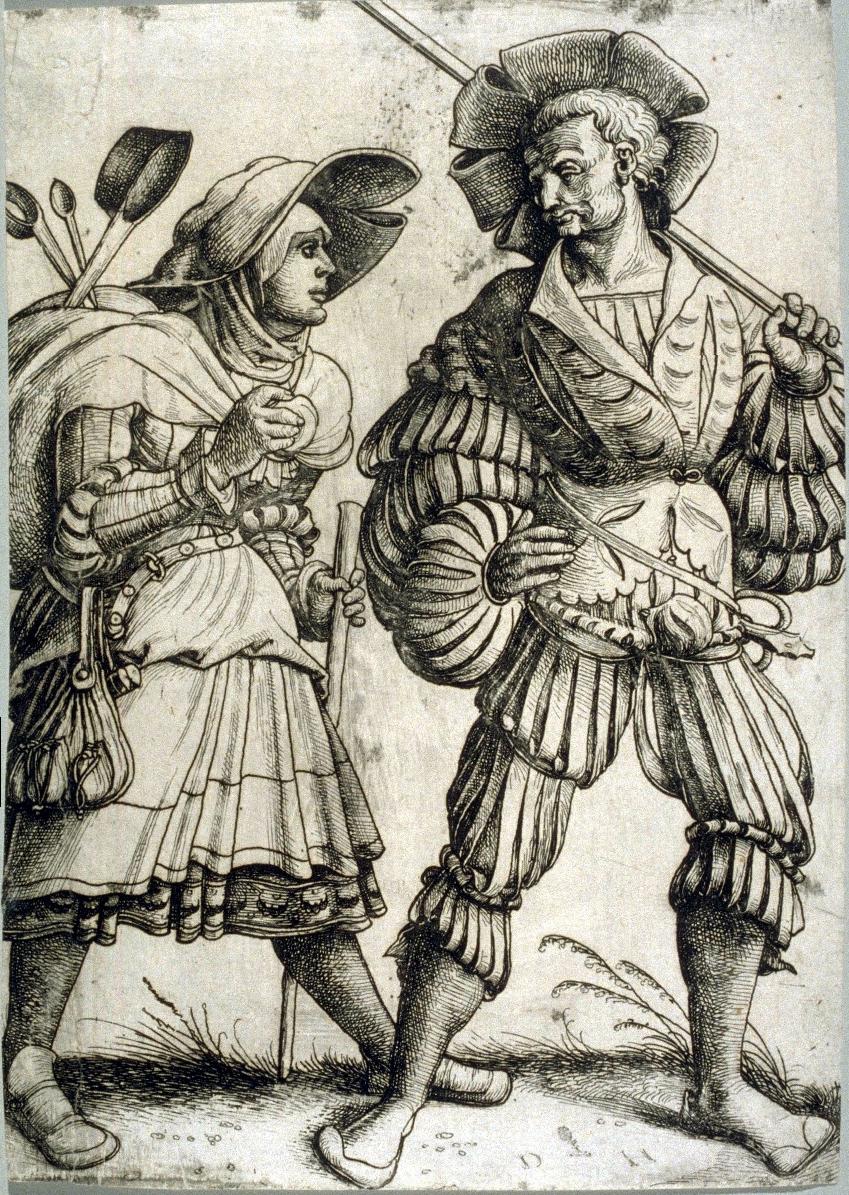 Etching of soldier and woman - 16th century