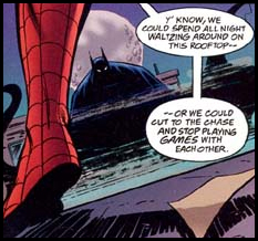 BATMAN looms over SPIDER-MAN as they struggle to get in sync in SPIDER-MAN/BATMAN!