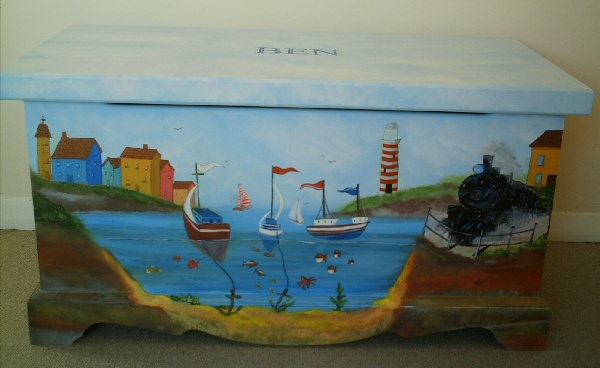 Toy box with harbor scene