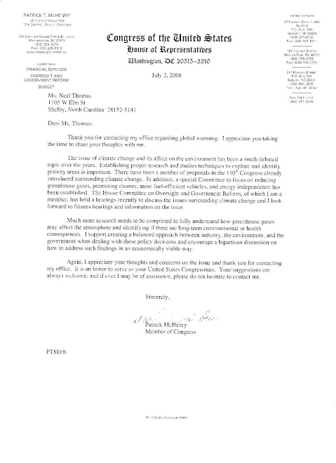 Rep. McHenry's response to request for a NC Climate Change Summit