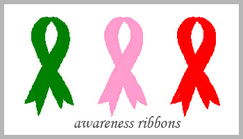 The green, pink and red awareness ribbons
