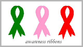 The green, pink and red awareness ribbons