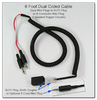6 Foot Dual Coiled Cable - Dual Mini Plugs to RJ11 Plug (or 4 Conductor Mini Plug)