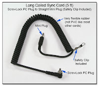 Long Coiled Rubber Sync Cord (5ft) - ScrewLock PC Plug to Straight Mini Plug with Safety Clip