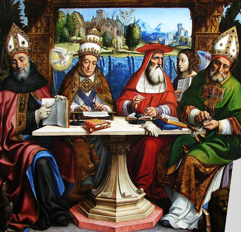 Santos Gregório Magno (Papa, com tiara), Ambrósio (cardeal com capelo vermelho), Agostinho e Jerônimo (bispos com mitra)