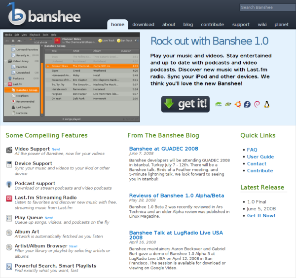 Screenshot of Banshee's new website