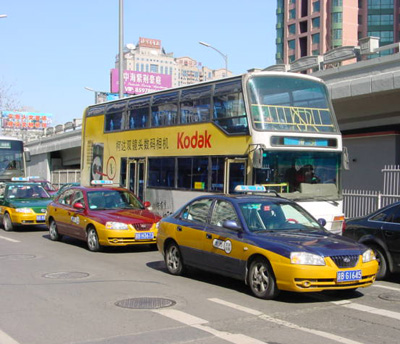 Beijing Taxis and Double-decker Bus