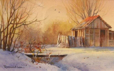 Country snowfall watercolor painting of barn in the snow by Roland Lee