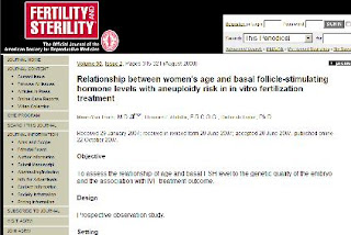 Image: Relationship between women's age and basal follicle-stimulating hormone levels with aneuploidy risk in in vitro fertilization treatment, Fertility and Sterility, August 2008
